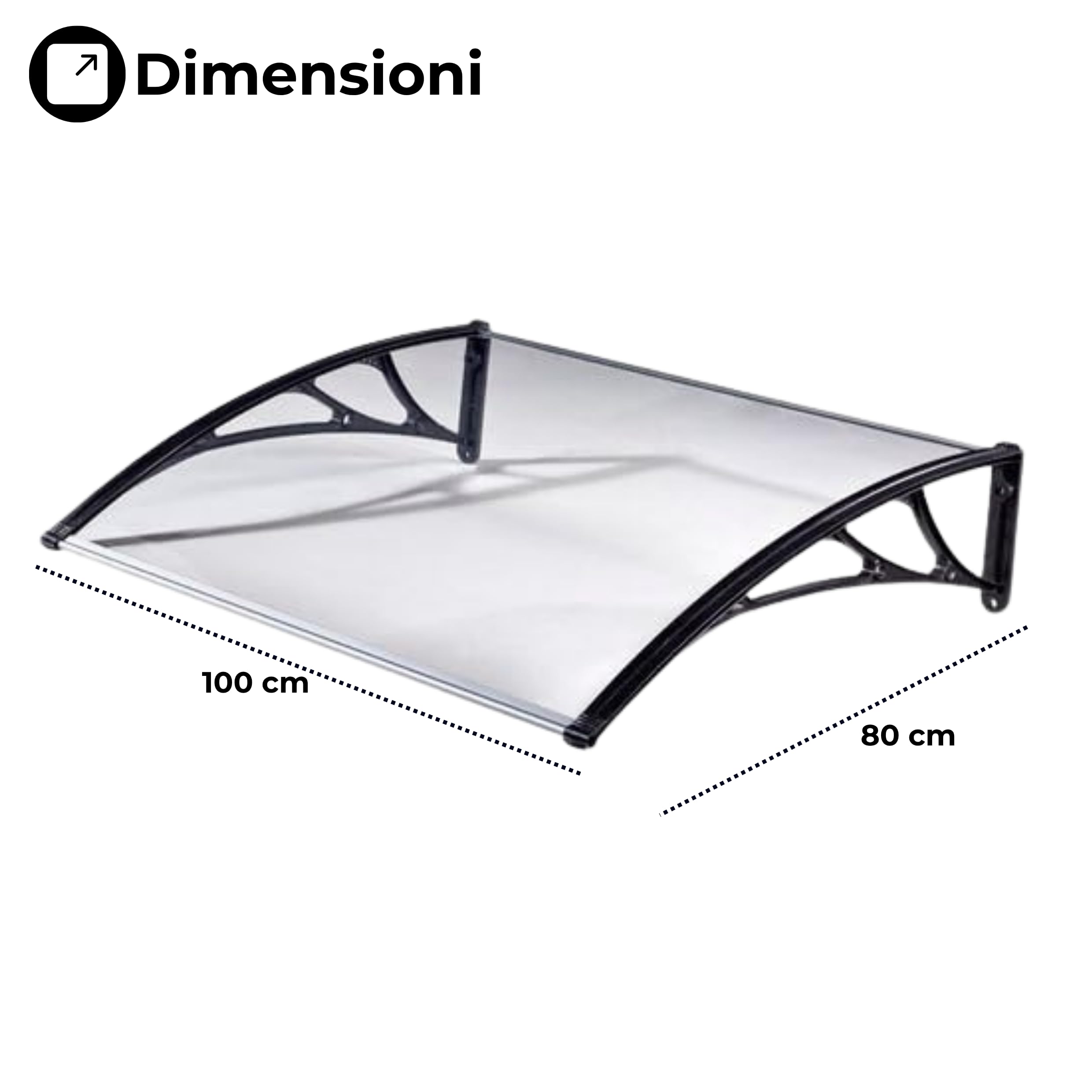 Pensilina Tettoia in Vetro Policarbonato Trasparente Fornita con Kit Completo Mensole Sostegno in ABS e Profili Longitudinali Color Alluminio Multiuso Ideale per Porte Finestre (100x80 cm)