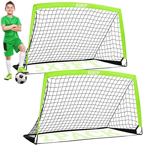 Kunup Kids Soccer Goals for Backyard Set of 2 Portable Soccer Nets for Backyard Folding Soccer Goals Practice Nets with Carrying Bag for Outdoor Indoor (5x3.1FT, Optic Green)
