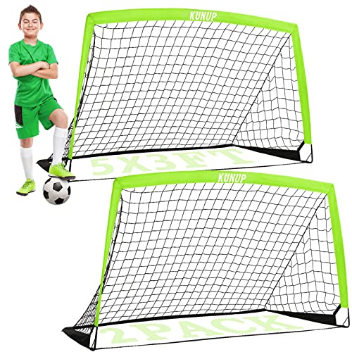 Kunup Kids Soccer Goals For Backyard Set Of 2 Portable Soccer Nets For Backyard Folding Soccer Goals Practice Nets With Carrying Bag For Outdoor Indoor (5X3.1Ft, Optic Green) #TOP1