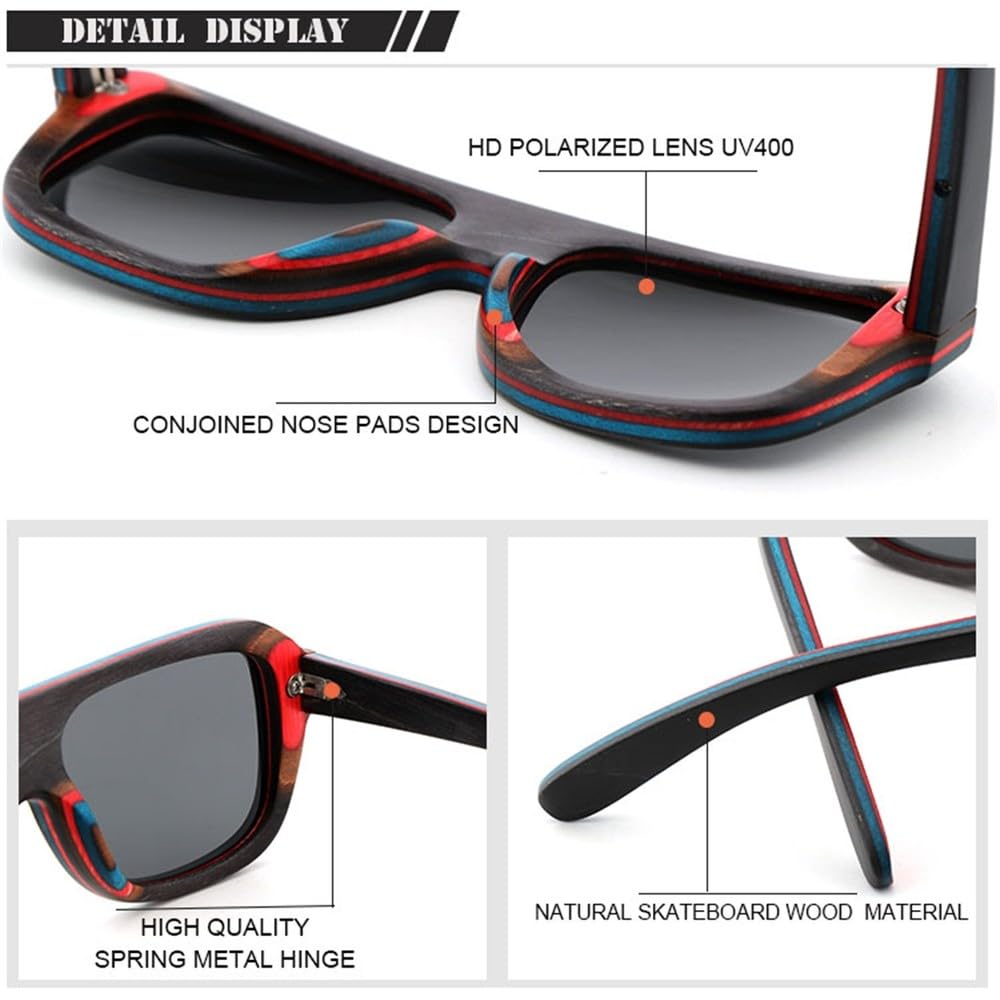 Gafas de sol vintage de madera de patineta natural con montura real, polarizadas, UV400, modernas para conducir coches.