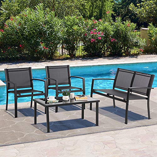 Image of Vongrasig 4 Piece Outdoor Patio Furniture Sets, Modern Textilene Bistro Set Patio with Loveseat and Glass Tea Table, Conversation Set with for Lawn Balcony(Black