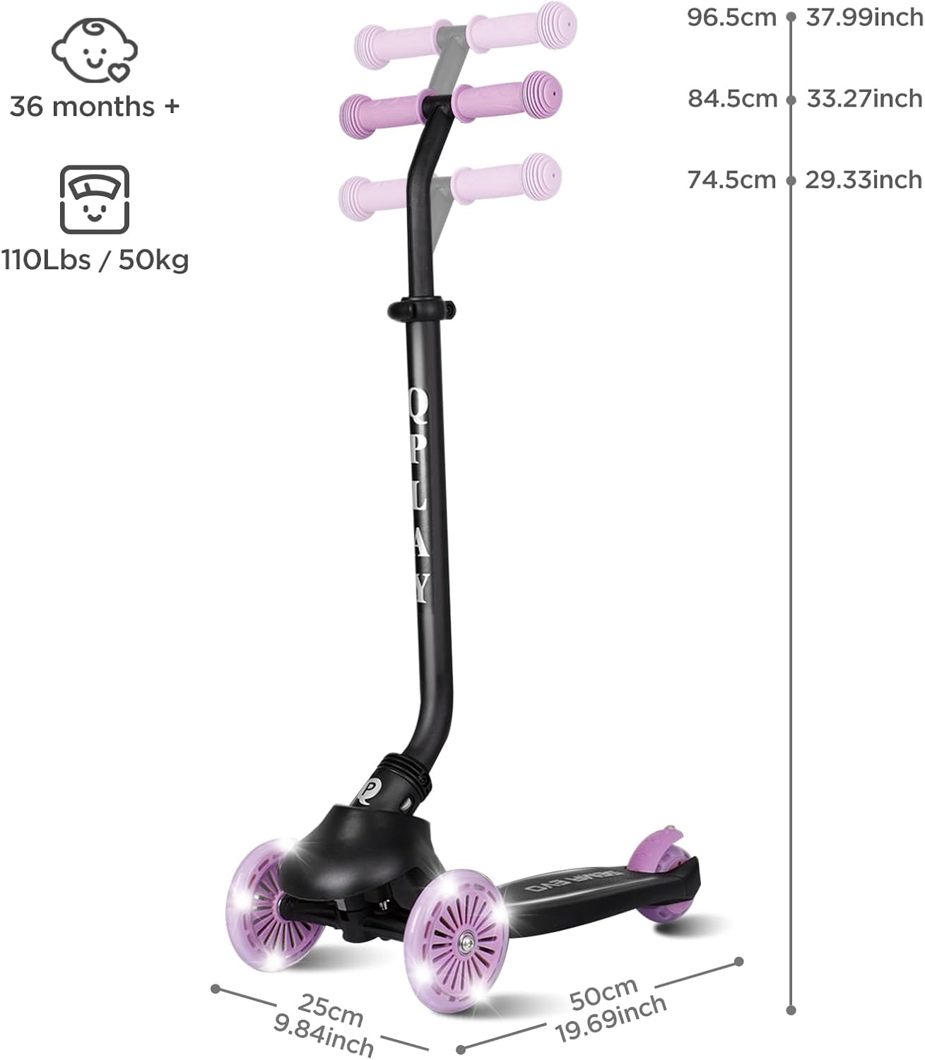 QPlay Toddler Scooter Ages 1 to 6 | Up to 110 Lbs | Kick Scooter with Adjustable Push Handle Height, Lights on Deck & 3 Wheels, Kids Ages 2 to 5 Boys & Girls Gifts (Violet)
