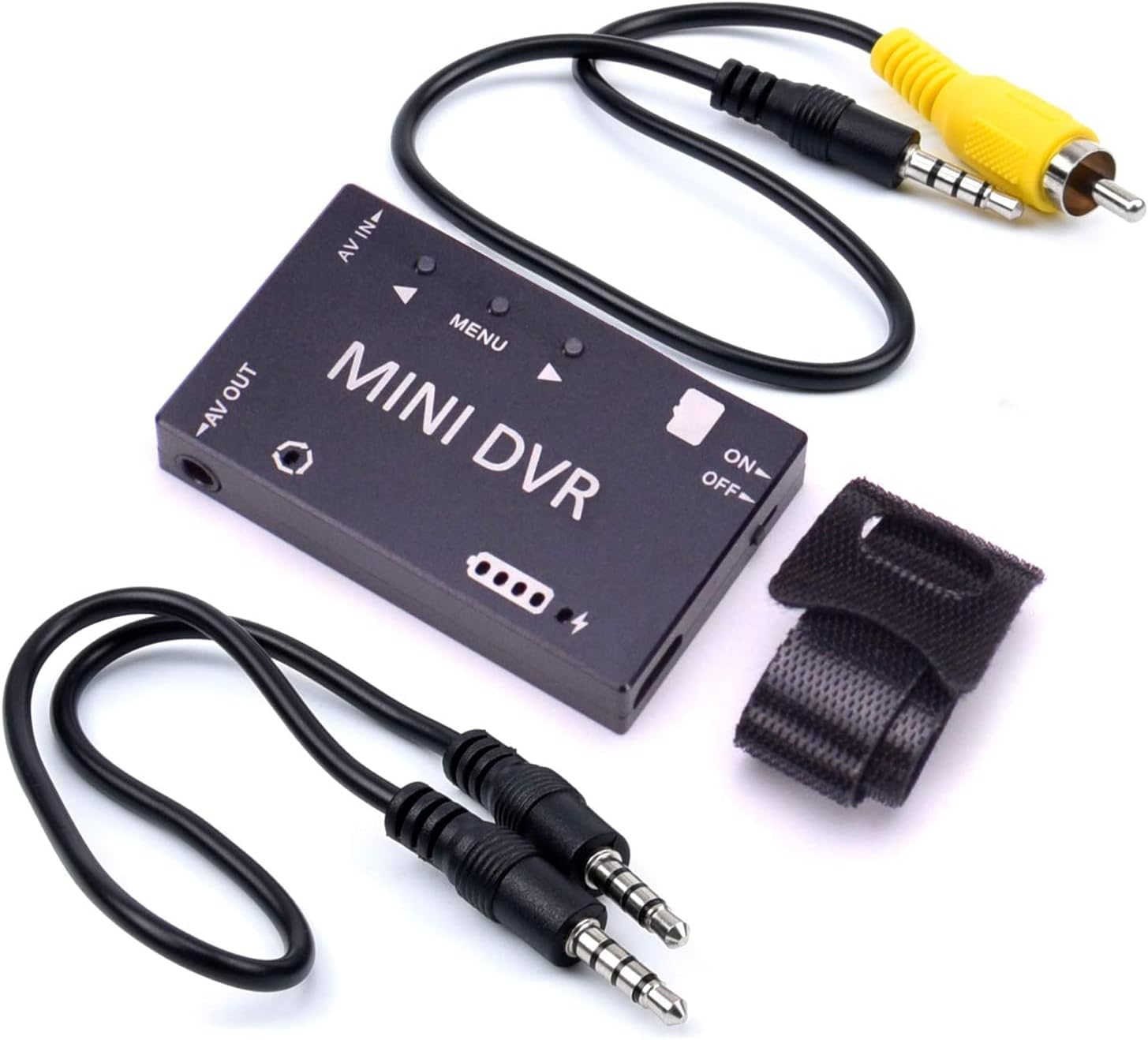 The Mini FPV DVR unit shown with its included AV cables and a Velcro strap.