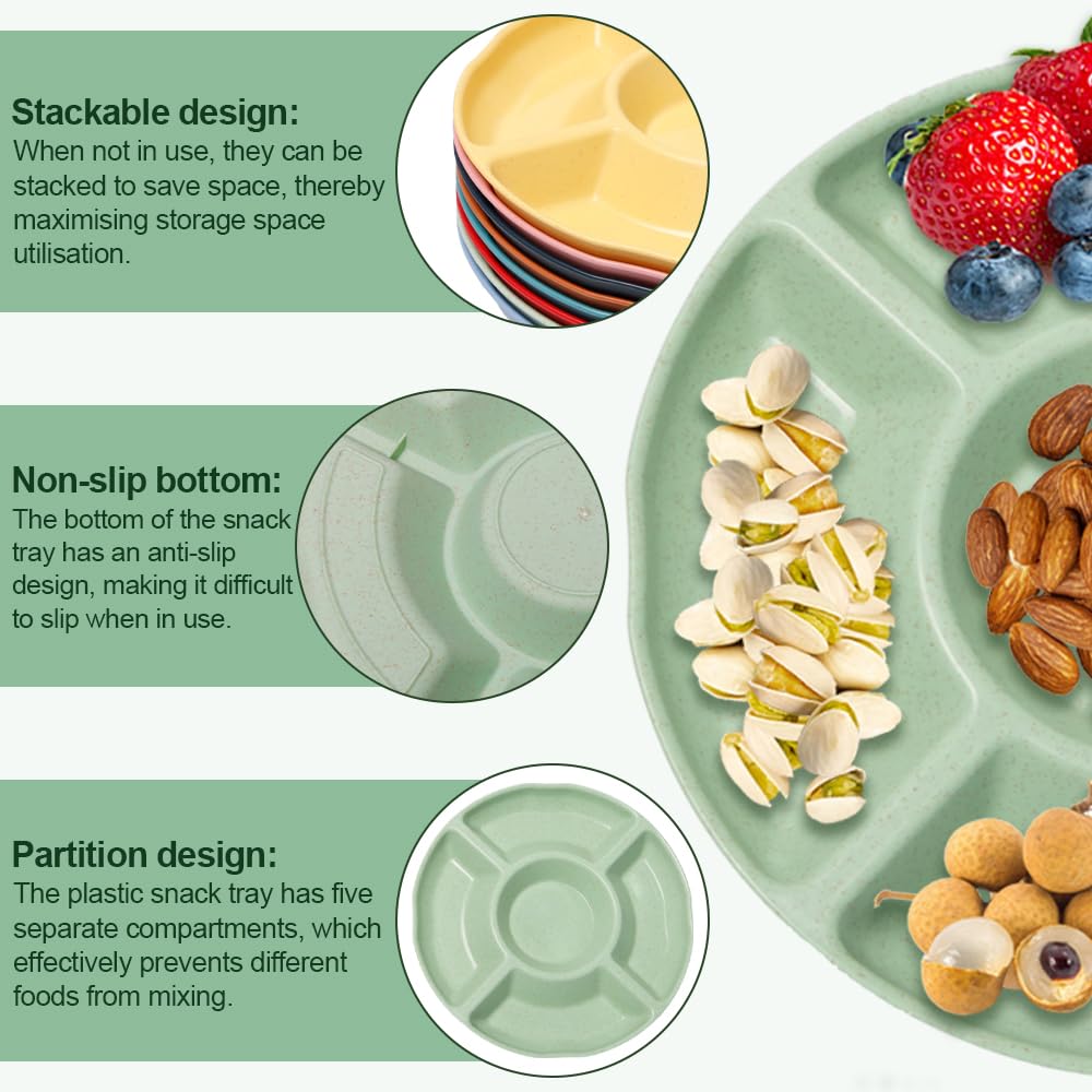 4 Vassoi Portasnack Con 5 Scomparti - Piatti In Plastica Riutilizzabili Per Frutta, Caramelle, Noci - Verde E Rosa Chiaro - 2