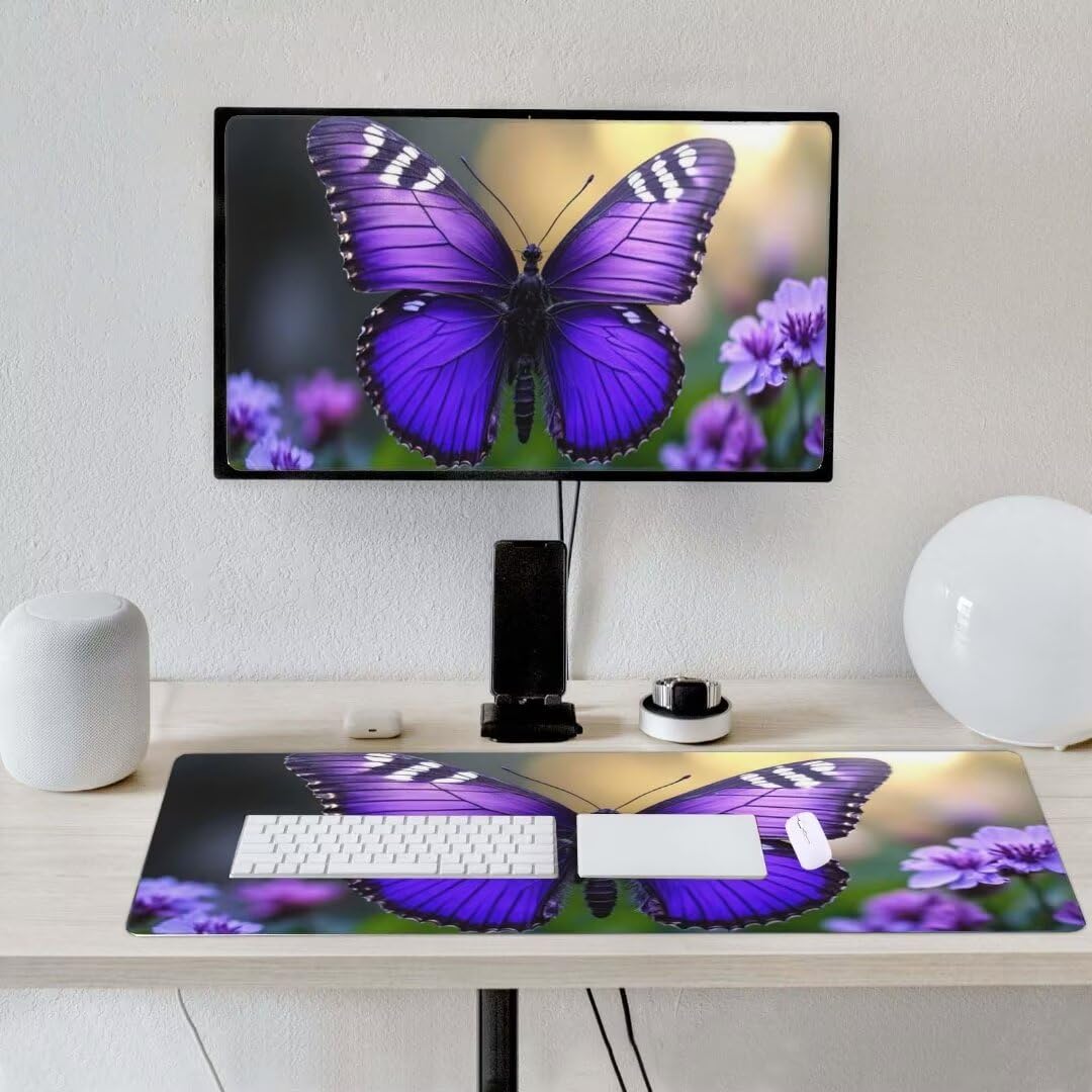 Alfombrilla de ratón 1400x600x3 MM, Alfombrilla Ratón XXL Extendida de Gran Tamaño con Bordes Cosidos, Base de Goma Antideslizante Almohadilla para Teclado, Mariposa púrpura S-12701