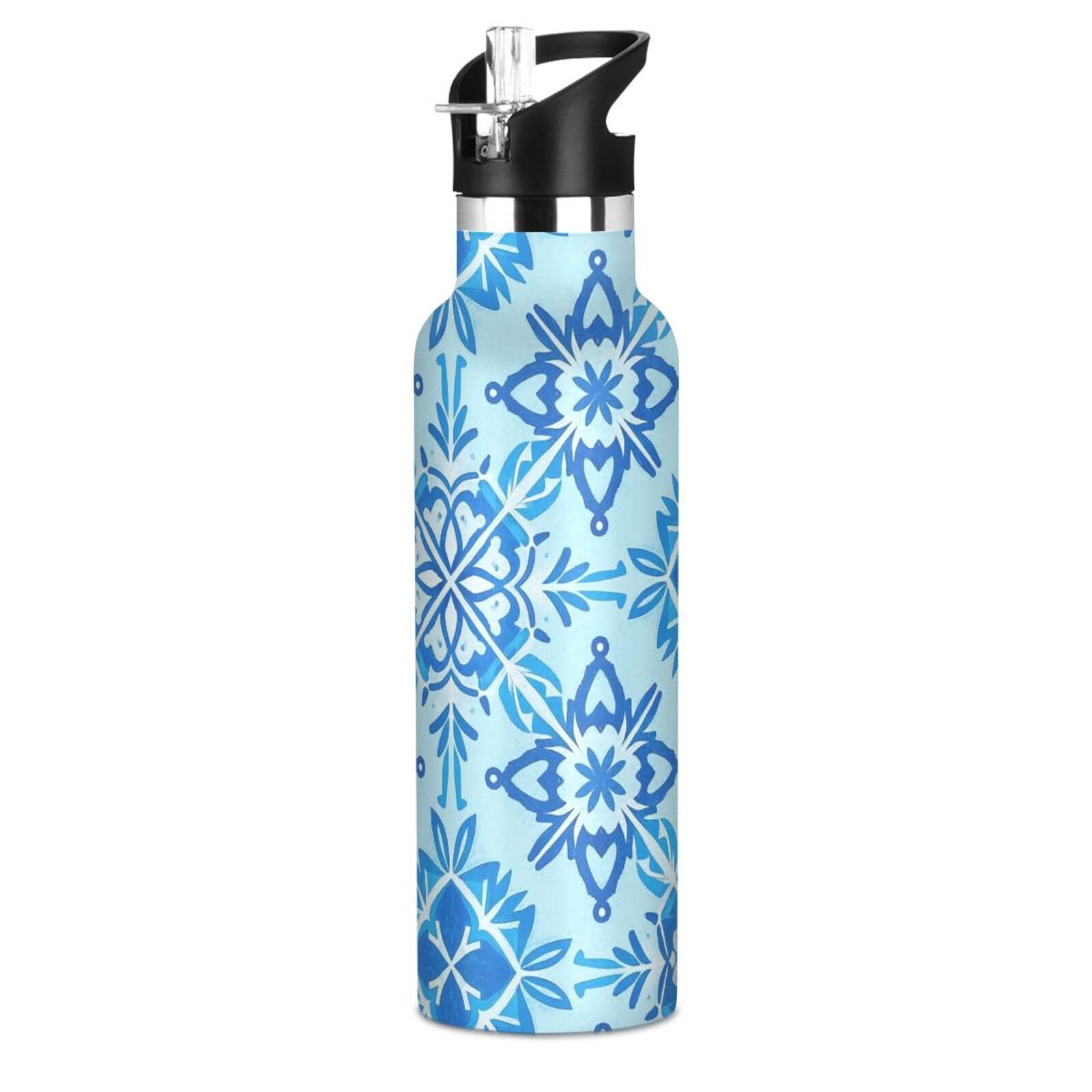 Snowflake Pattern Blue Leak Proof BPA Free Kids Metal Water Bottle With Straws Leak-proof Double Wall Vacuum Insulated