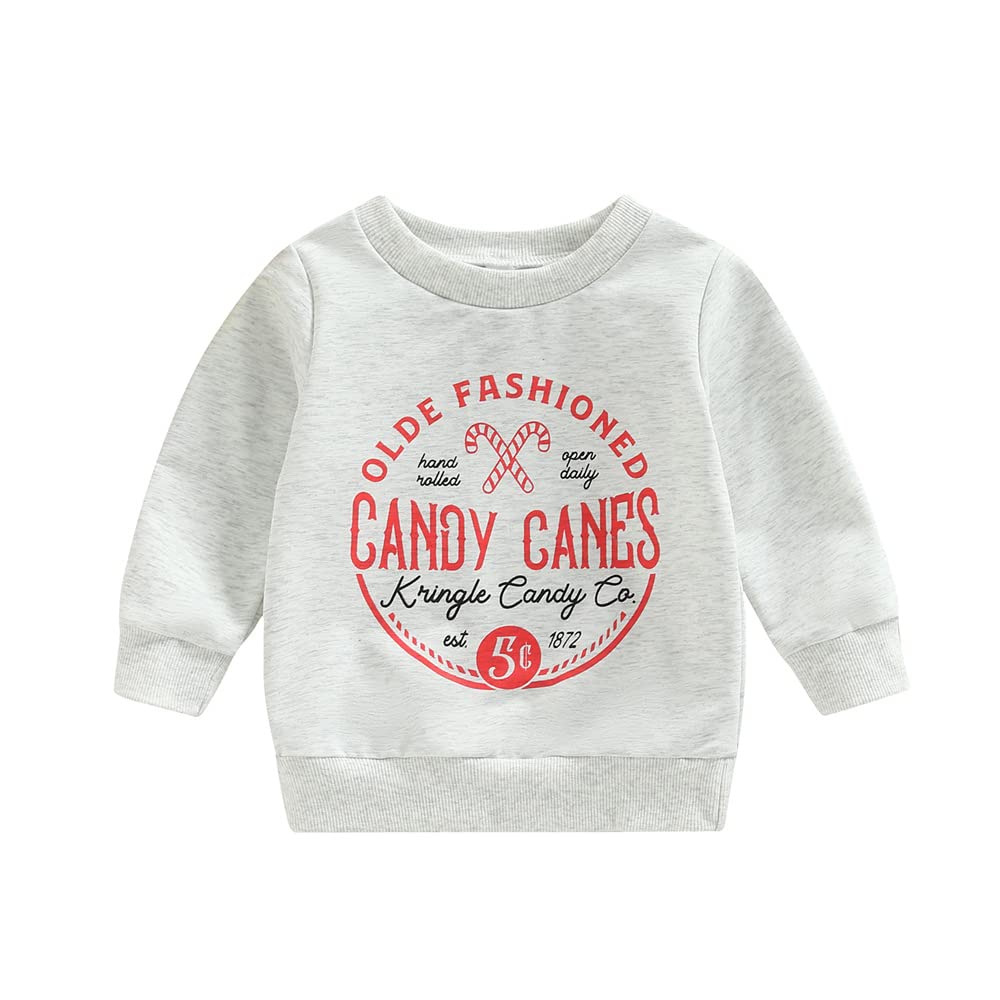 Twopumpkin Christmas Shirts for Toddlers Baby Girl Boy Candy Cane Long Sleeve T-Shirt Crewneck Sweater Fall Winter Outfit (Candy Canes Gray,3-4T)