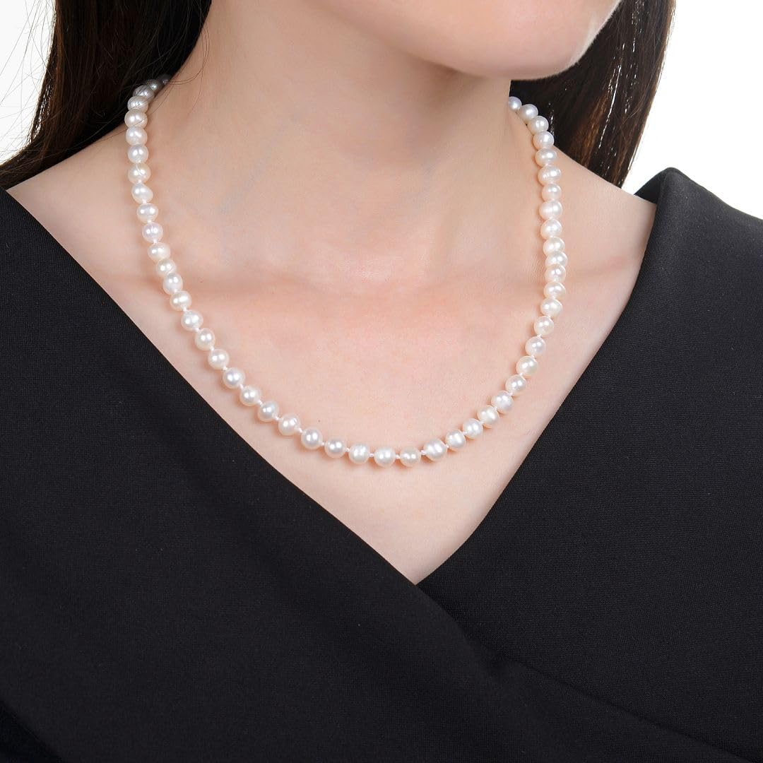 1 Strand Real Natural A+ Grade Lustrous Round White Cultured Freshwater Pearl Organic Gemstone Necklace 18 Inch Long 6-7mm Pearls Single String Women Jewelry PN2-C67
