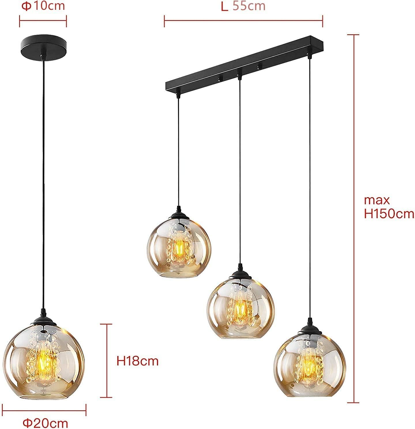 H.W.S Szklana lampa wisząca, kryształowa, nowoczesna, kulista, żyrandol, kreatywny design, lampa wisząca, z regulacją wysokości, dekoracja do wnętrz, lampa wisząca do salonu (amber, 3 palące się