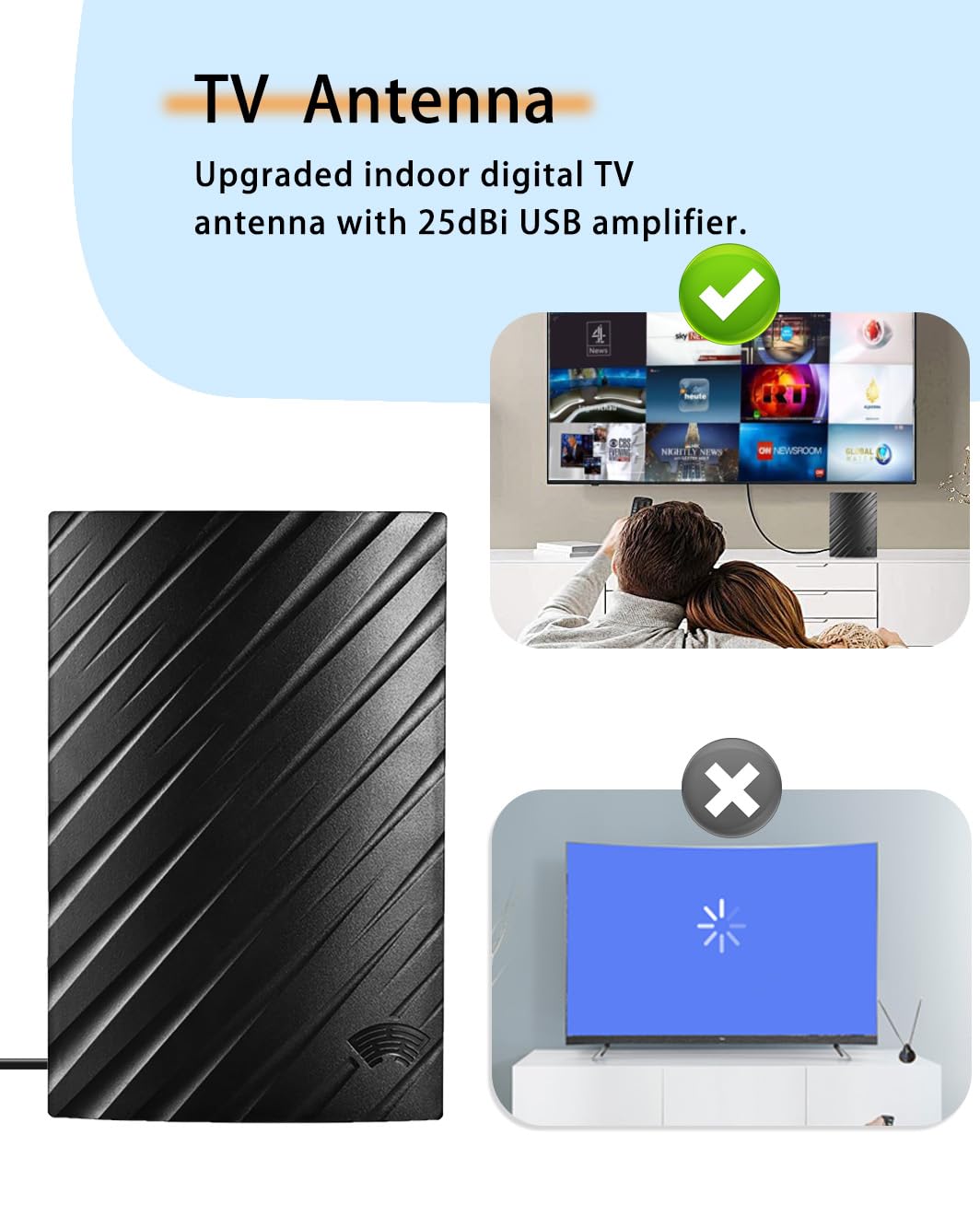 Vecys Antena de TV para Smart TV Antena de Digital Interior de 25dBi con Amplificador USB Antena DVB-T2 Doméstica de 500 Millas Soporte de Cable Coaxial RG174 5m/16.4ft Compatible con 4K 720p 1080p