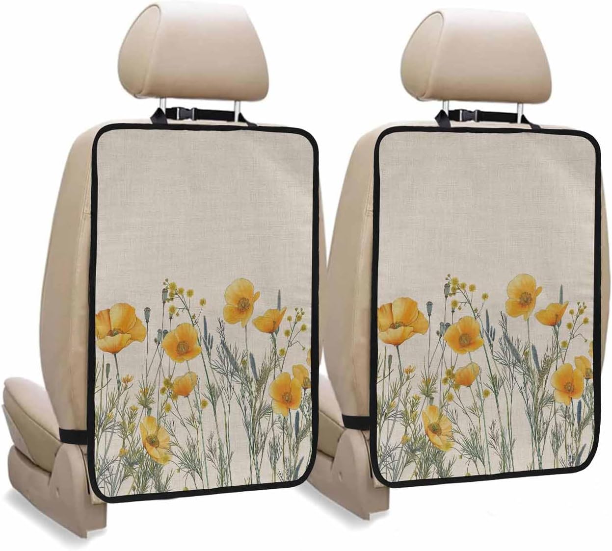 Car Seat Protector, 2 Pack Kick Mats Back Seat Protector Yellow Poppy Flowers Watercolor Floral Plants Retro Linen Waterproof Backseat Cover for Kids Universal Fit Automotive Interior Protectors
