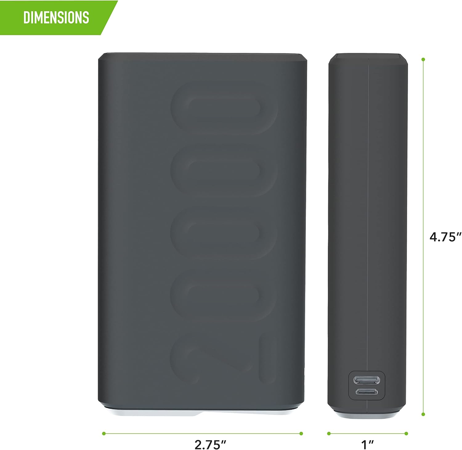 Dimensions of the DigiPower 20,000mAh Portable Power Bank.