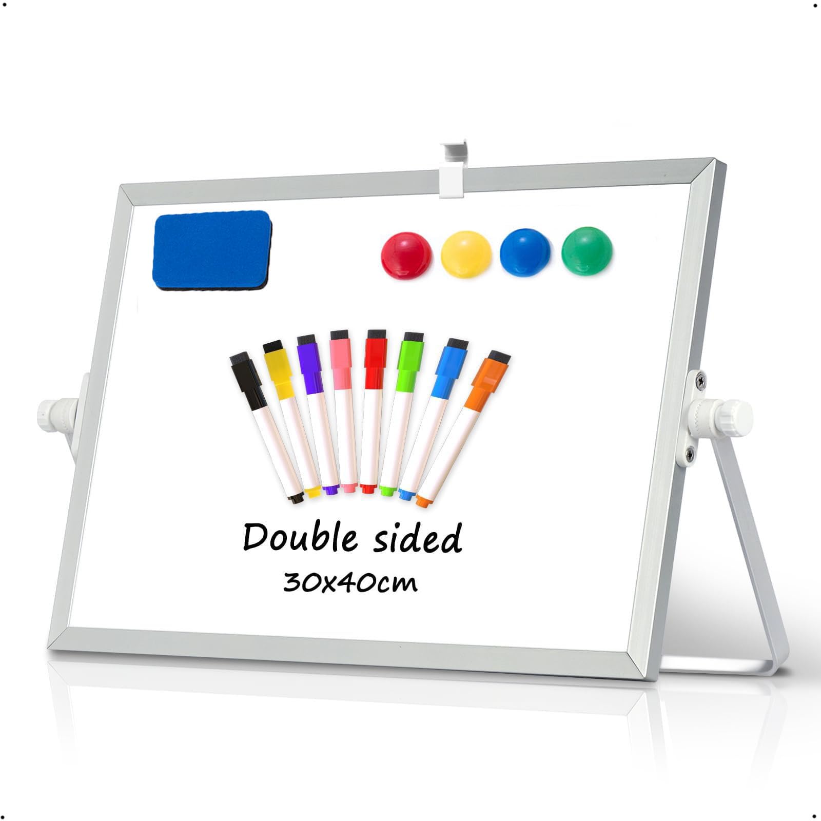 X spring Small Whiteboard with Stand, Dry Erase White Board with 8 Whiteboard Markers, 4 Suction Blocks, 1 Whiteboard Eraser, Double-Sided Portable White Board Easel (16in 12in)