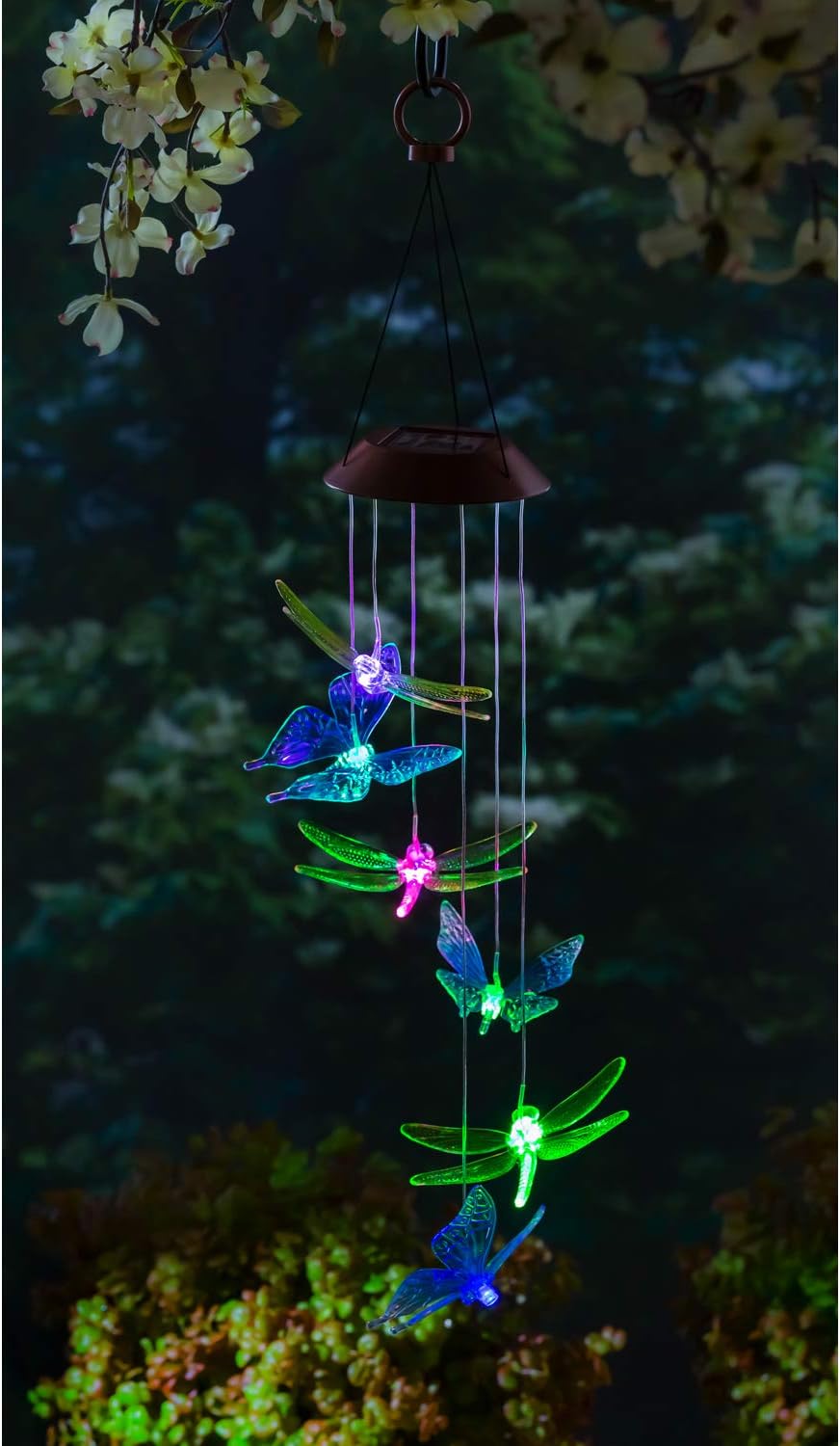 Evergreen Garden Beautiful Summer Colorful Dragonfly and Butterfly Solar Hanging Mobile - 5 x 5 x 26 Inches Fade and Weather Resistant Outdoor Decoration for Homes, Yards and Gardens