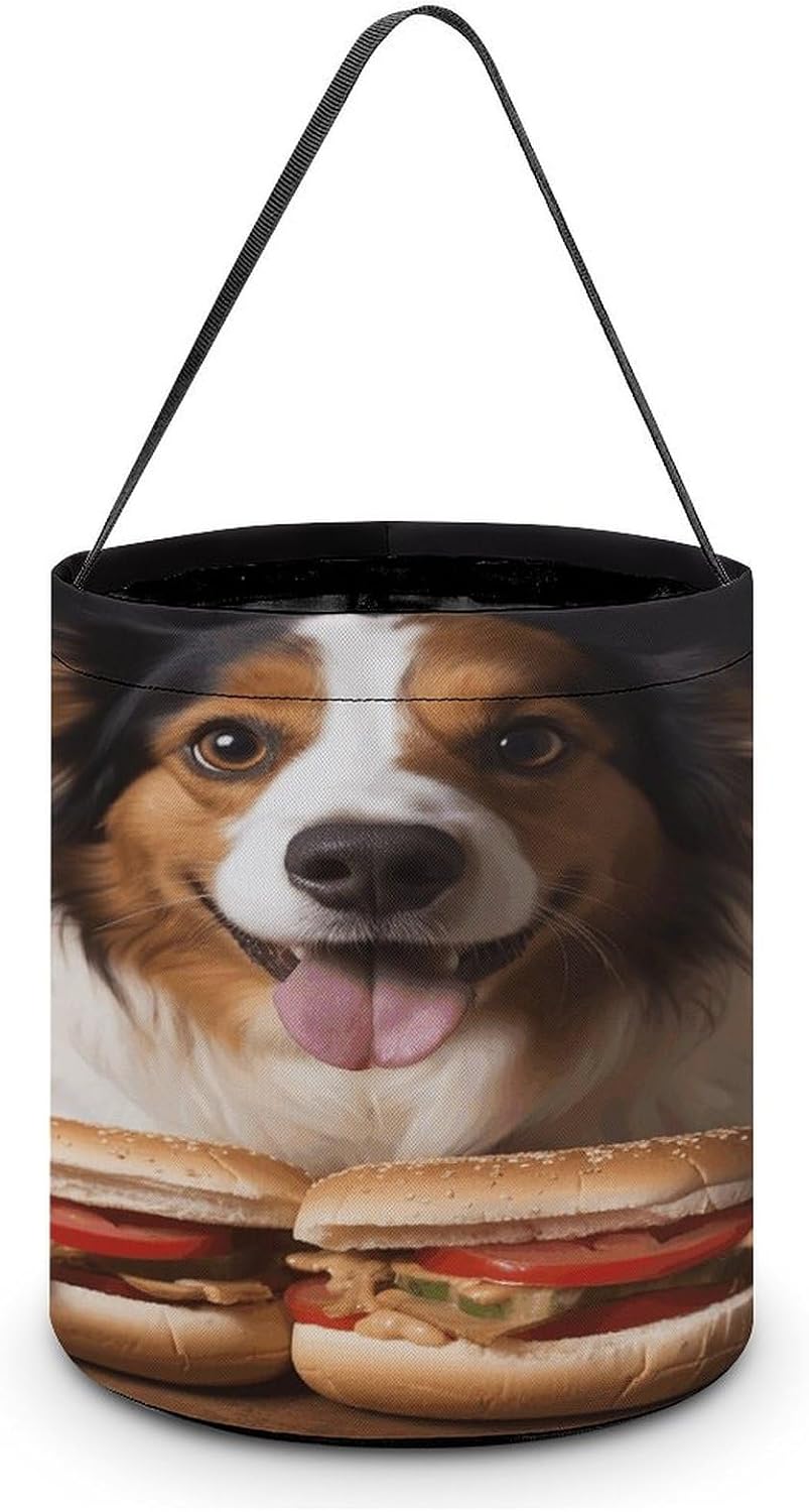 LBKHDS Halloween Candy Treat Bag,Dog Holding A Hot Dog Print Halloween Candy Bucket,Halloween Trick Or Treat Bag,Reusable Goody Bucket