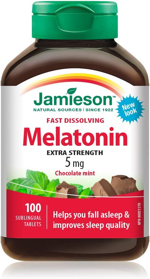 Jamieson Melatonin 5 mg Extra Strength Chocolate Mint Flavour, Fast Dissolving, Improves Sleep Quality, Increases Sleep Time, and Helps Reset the Body's Sleep-Wake Cycle. Vegetarian, Gluten-Free, No Artificial Flavours, Colours, or Preservatives, 100 Sublingual Tablets, Proudly Canadian