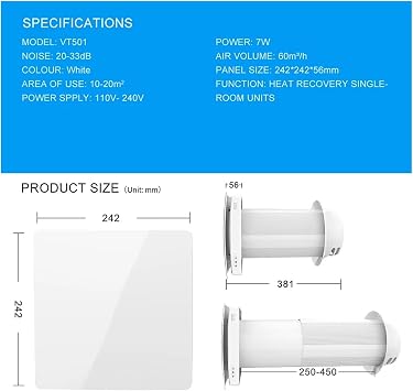 VT501 Decentralized Recuperator Room Ventilation Heat Recovery Ventilator Fresh Air Fan with Ceramic Hepa Filter(VT501 WF)