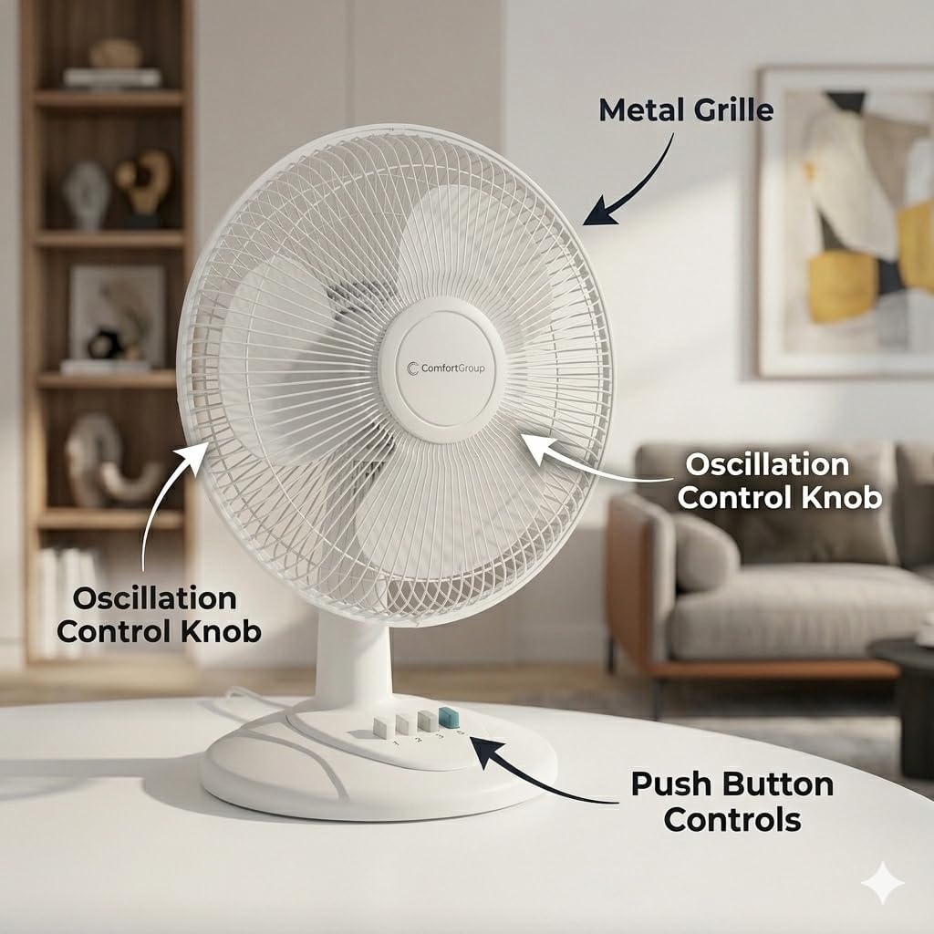 Comfort Zone 16 inch Table Fan with Adjustable Tilt, Wide Area Oscillation, Quiet Air Circulator Fan For Bedroom, 3 Speed Desktop Fan for Home Office, Push Button Controls, White