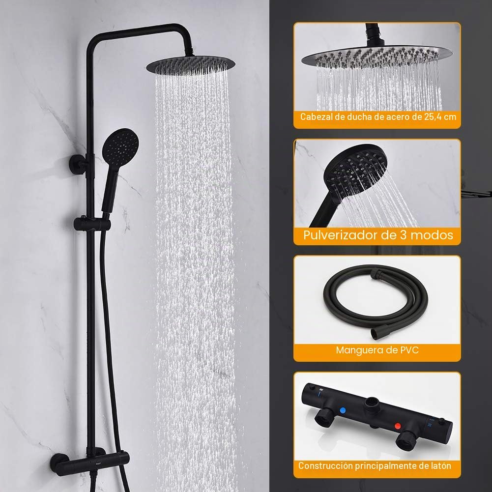 Ibergrif M21808B - Sistema de Columna de Ducha Termostática Redonda con Rociador, Alcachofa, Manguera, Barra Ajustable y Soporte, Negro