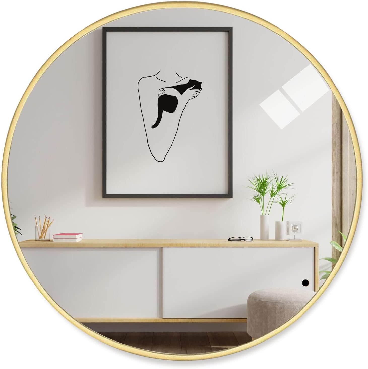 50cm Round Wall Mirror - Large Modern Gold Copper Brushed Metal Frame, HD Glass for Makeup, Bathroom, Living Room, Bedroom