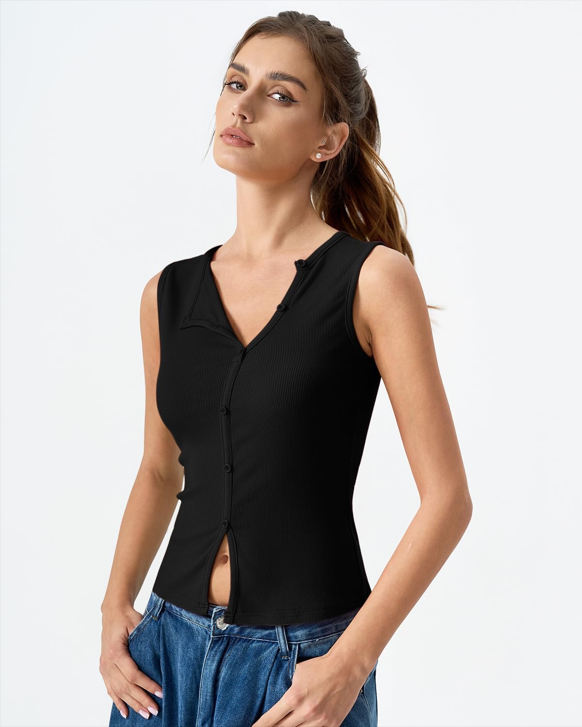 QINSEN Women's Sleeveless Ribbed Crewneck Tank Top Upper Button Fastening Shirts Going Out Tops - Image 5