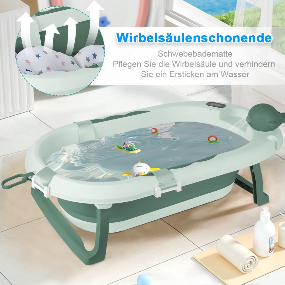 MUL-BHERRAMIENQU - Bañera plegable para bebé, con soporte, termómetro y cojín, ideal para regalo de nacimiento de niña o niño (verde)