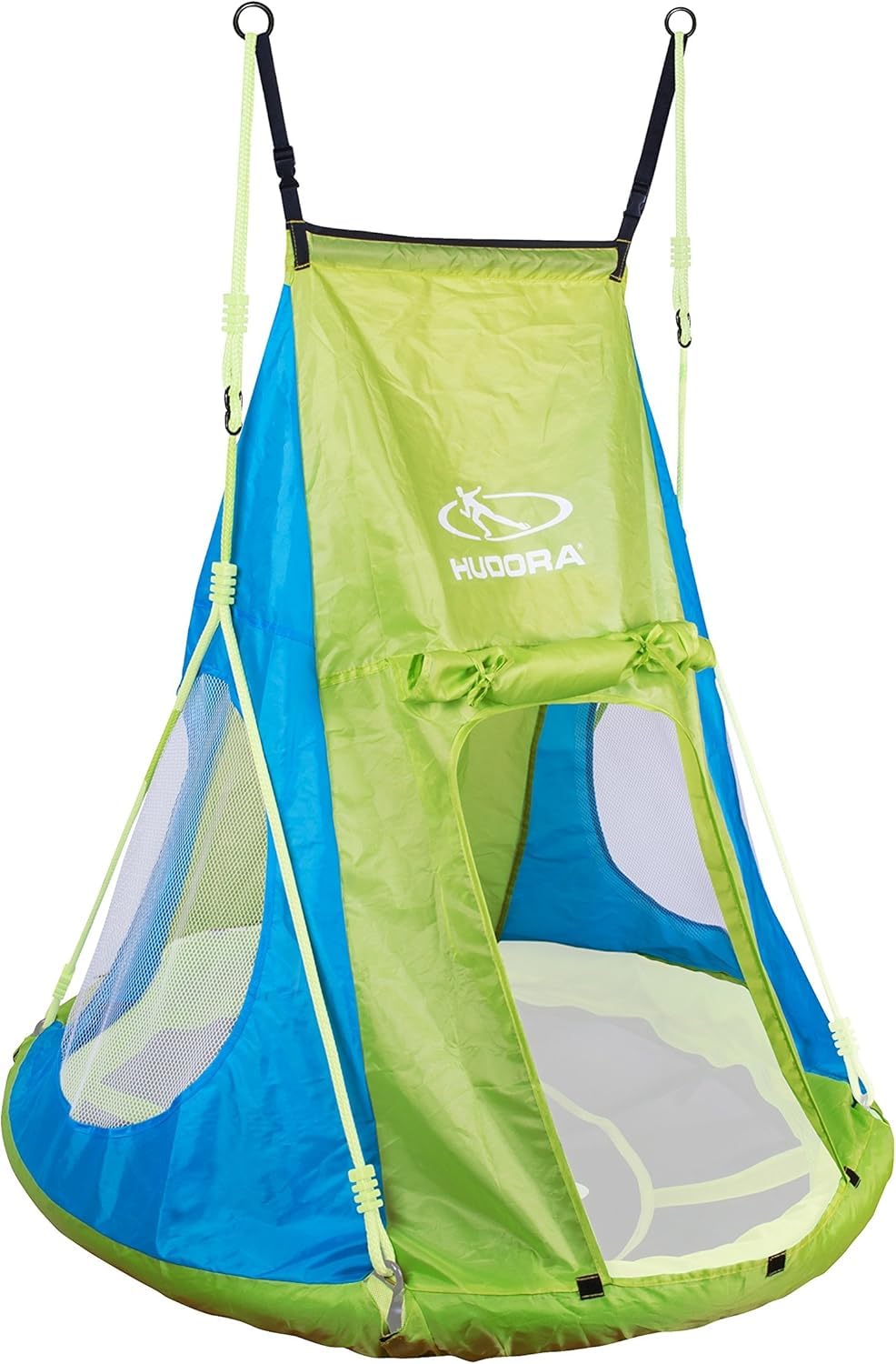 HUDORA Nestschaukel 110 cm - Baby/Kinder Schaukel Outdoor und Indoor - 100 kg Belastbarkeit - Grün - 72156 & Zelt für Nestschaukel 110 cm, 120 cm Cosy Castle - Garten-Schaukel, 72155, Lemon
