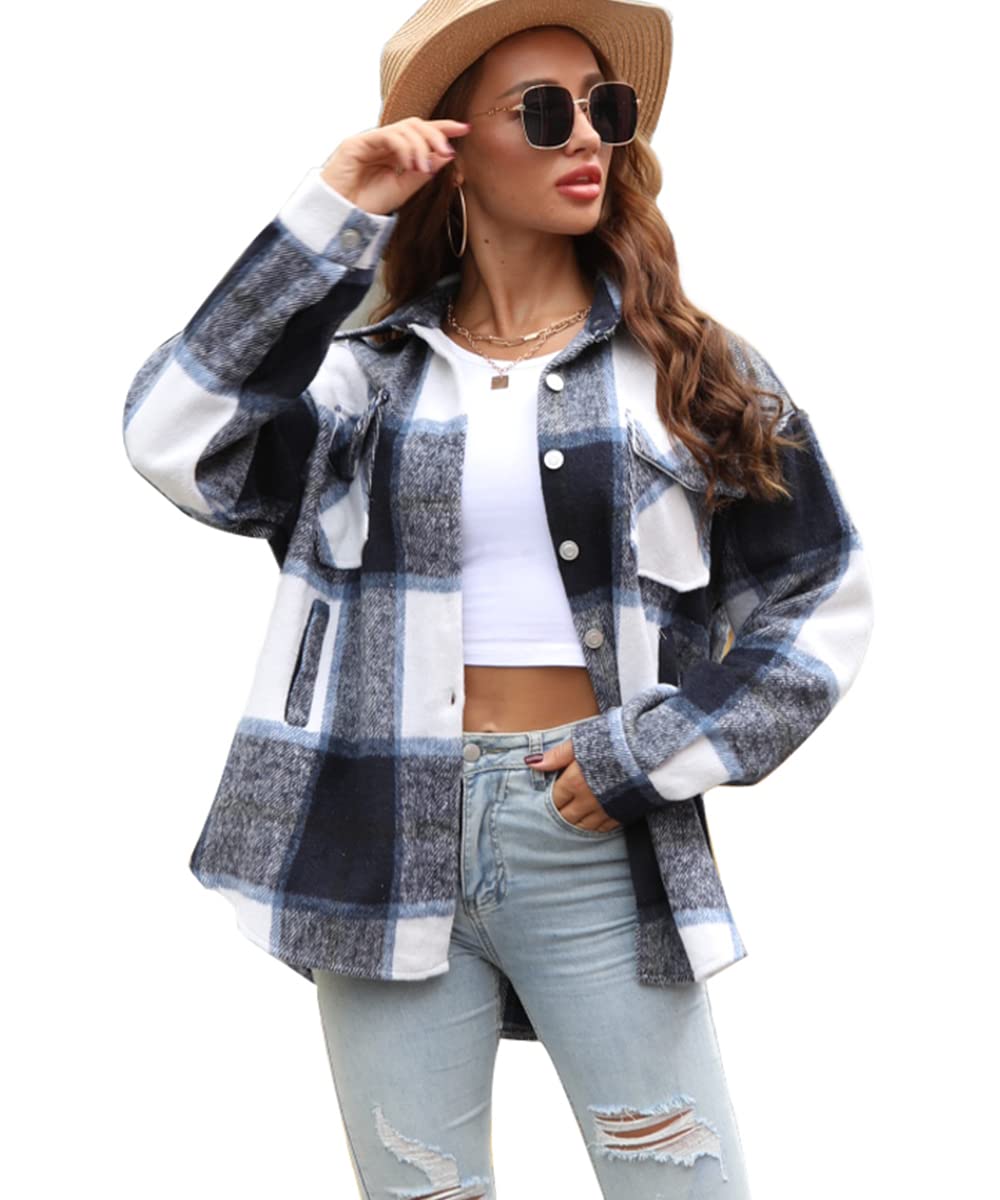 Ritatte Family Girls' Women's Shacket Jacket, Casual Plaid Flannel Wool Blend Shirts Long Sleeve Button Down Shirt Coats