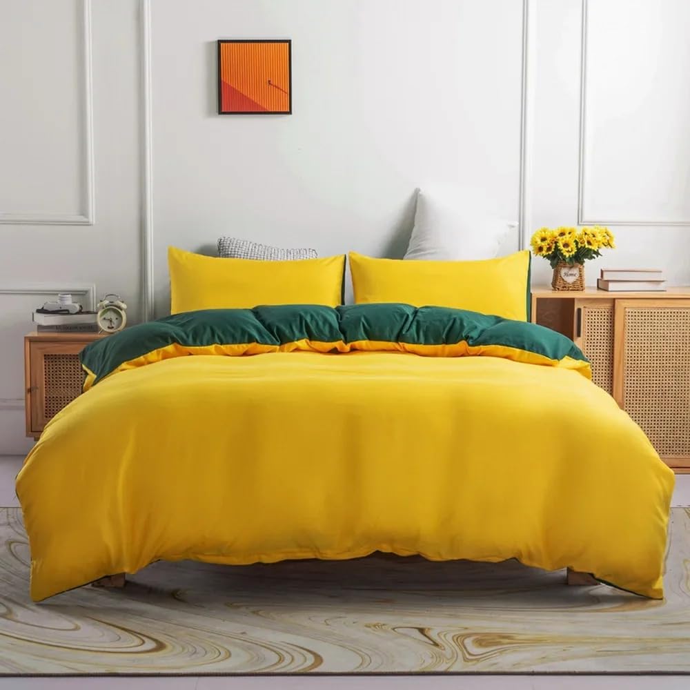 Housse de couette jaune citron 240x220 cm avec taie d'oreiller unie pour lit double