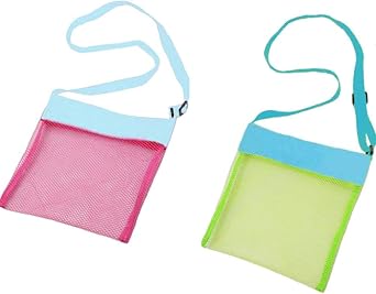 Beach Mesh Bags, 2 Pack Sand Away Seashell Tote Bags with Adjustable Carrying Straps for Shell Collection