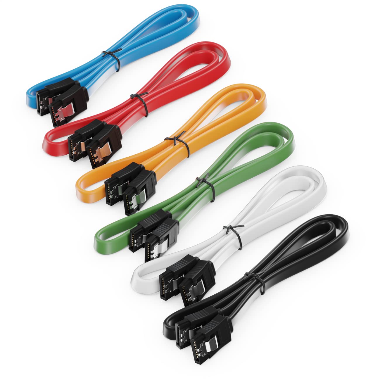 deleyCON 6x 50cm Zestaw Kabli SATA 3 Kabel Danych SATA III - HDD SSD Kabel Przyłączeniowy Kabel Lączący Metalowy Klips 6 GBit/s - 2 Proste Złącza Typu L - Kolorowe