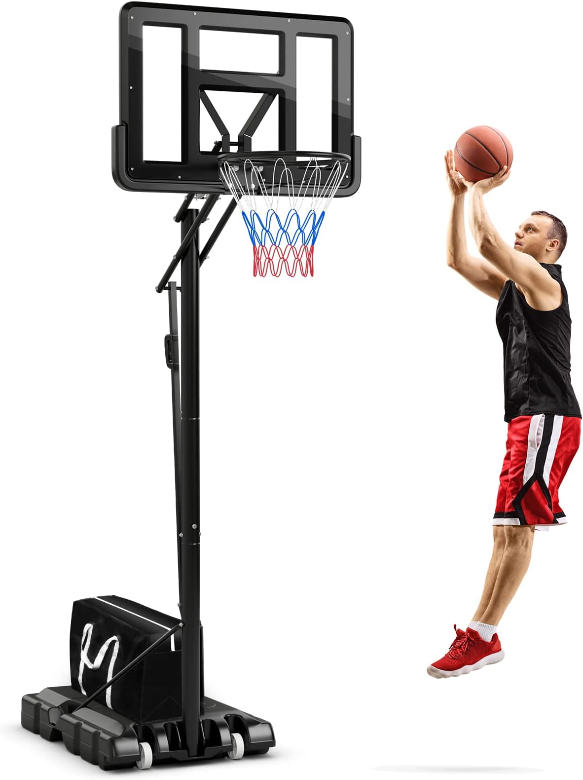 GYMAX Basketball Hoop, Grip-and-Pull 4.6-10 Ft Height Adjustable Basketball Goal with 44" Shatterproof Backboard, 18โโ Metal Rim & Extra Weight Bag, Outdoor Basketball System for Kids Teens Adults