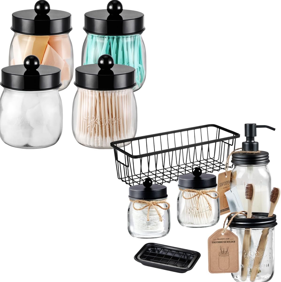 SheeChung Complete 6 Pcs Bathroom Accessories Set and 4 Acrylic Qtip Holders for Cotton Swabs, Floss Picks, Cotton Pads