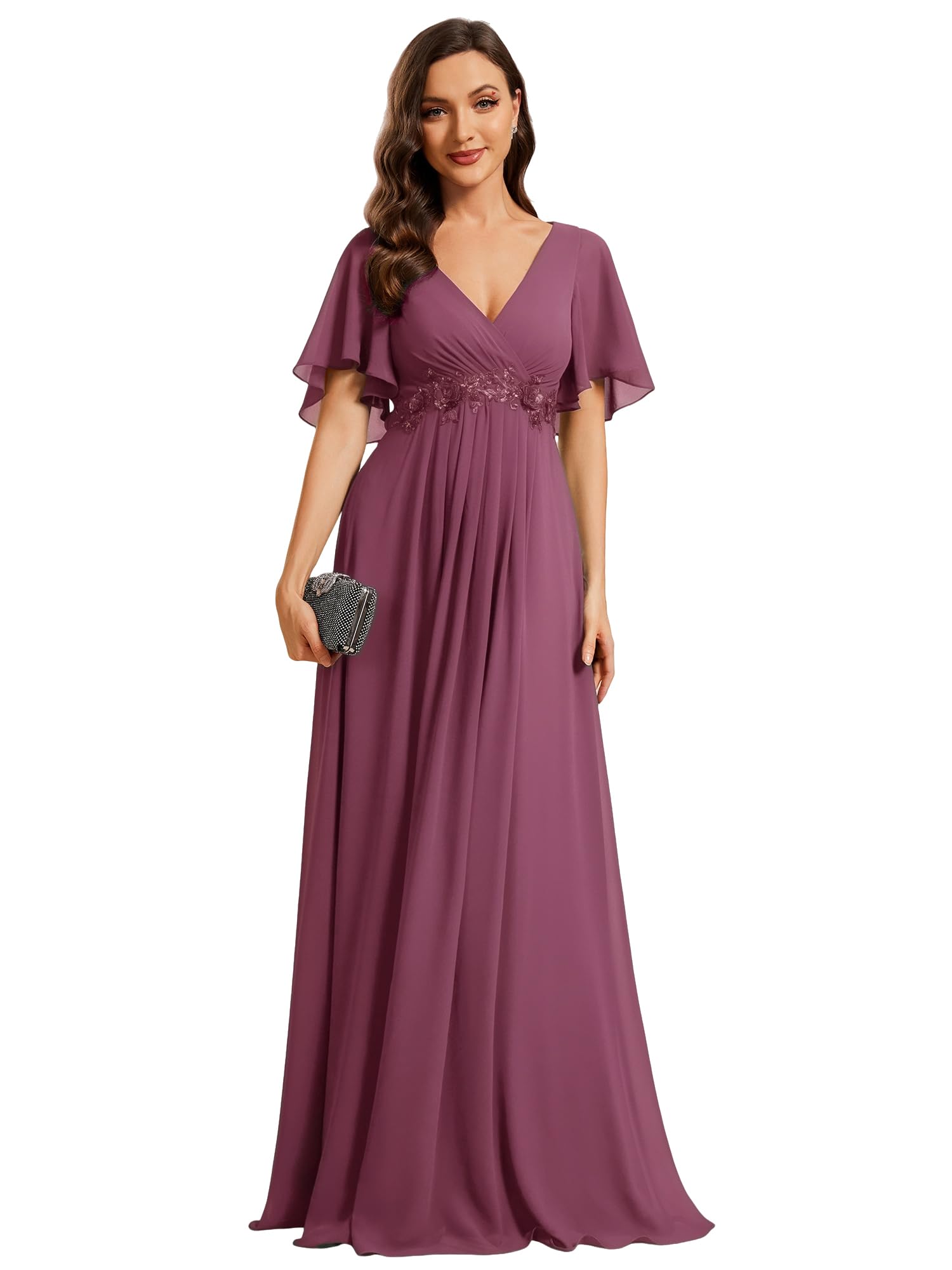 Ever-Pretty Elegantes Damenkleid mit V-Ausschnitt, Rüschenärmeln, langer Stil, Hochzeitskleid für Damen EE01960