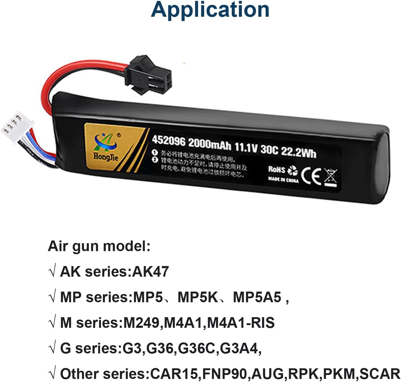 NOUCHU 6 Pack 452096 11.1V 2000mAh 30C Rechargeable Lithium Battery with Black Plug for Airsoft Gun