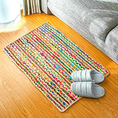 Image of Jute Braided Natural Hand Woven & Reversible Rug for Living Room Kitchen Entryway, Farmhouse Rustic Burlap Carpet Floor Mat (P /P, 2X3-feet)