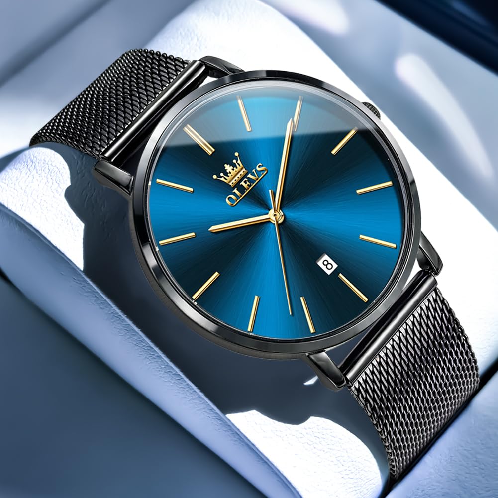 OLEVS Minimalistische Herren-Armbanduhr, ultradünn, modisch, lässig, analog, Quarz, Datum, wasserdicht, schmal, einfach, großes Zifferblatt, Armbanduhr mit Retro-Lederband für Herren