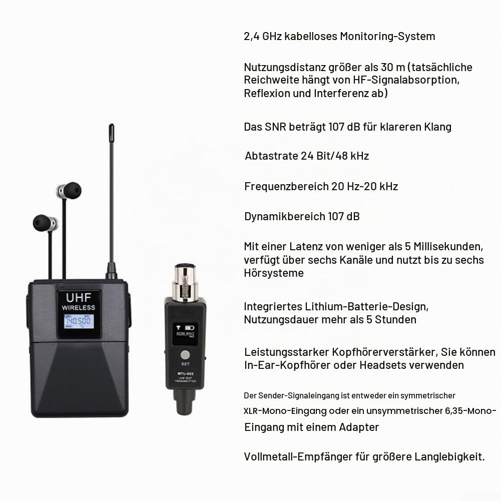HpLive UHF Drahtloses In-Ear-Monitor-System mit Ohrhörer， 20 Kanälen für Live-Aufnahmen und Auftritte, Profi-Audio-Zubehör für Studio,Veranstaltungen,Bandproben