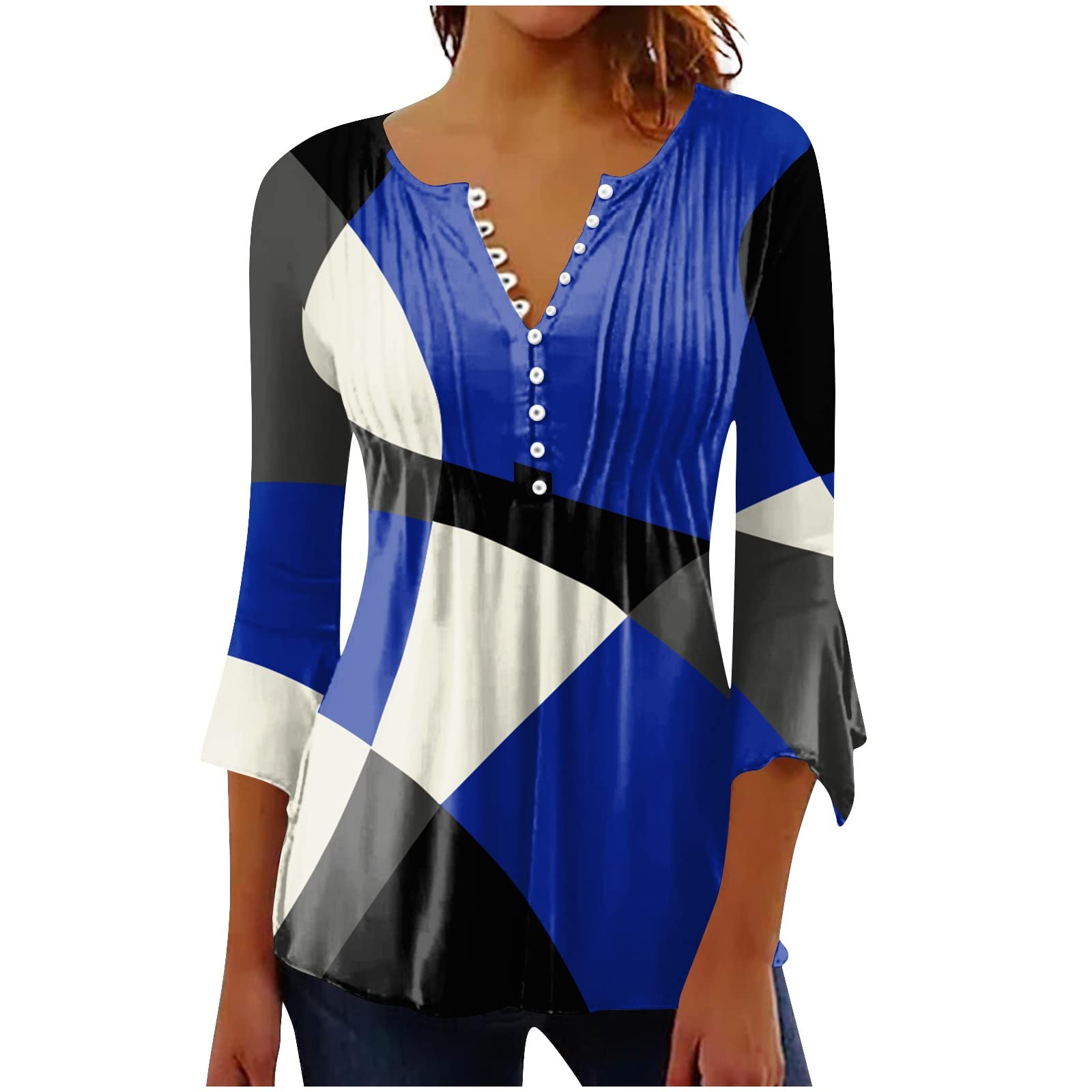 Nadition Button Down Tops for Women Blouses for Women 2023 Button Down Print Summer Tops Bell 3/4 Sleeve V Neck Blouses Tee