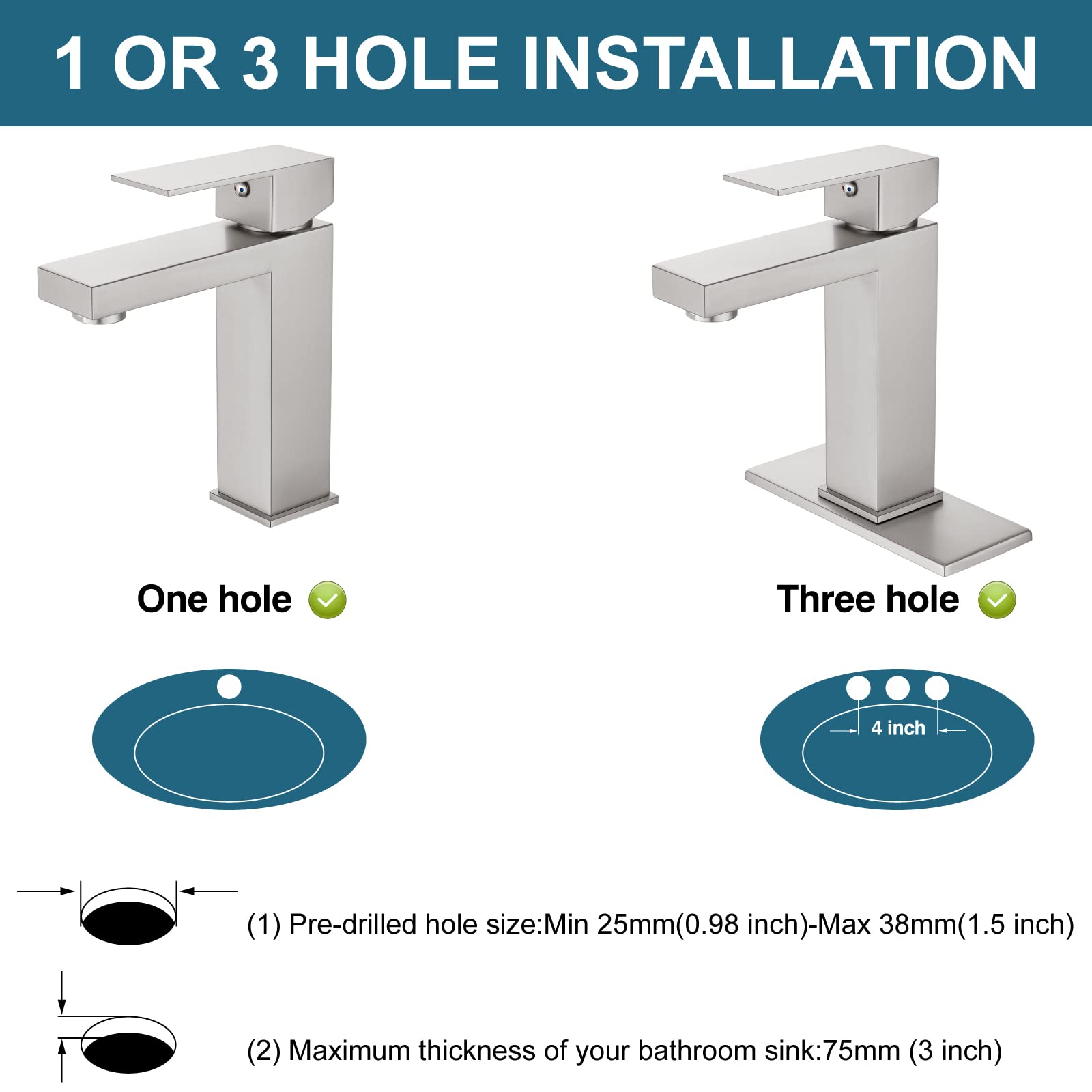 Midanya Brushed Nickel Bathroom Sink Faucet 1 Hole Single Handle Deck Mount Lavatory Mixer Tap Include Pop Up Drain and Cover Plate One Lever Stainless Steel SUS304 Commercial