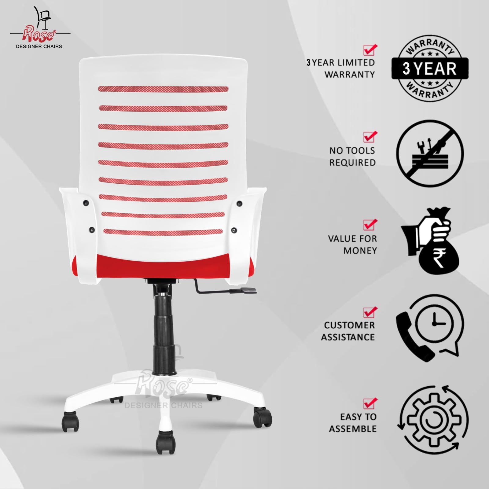 ROSE® Elite | 3 Years Brand Warranty | Ergonomic Office Chair, Study, WFH, Revolving, Rolling, Desk, Task, Laptop, Student Chair (White & Red, Elite Pro MB) 2