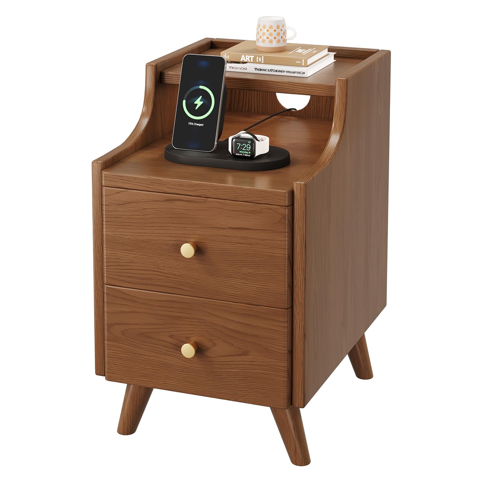 Narrow Nightstand, Walnut Solid Wood Small Thin Nightstand Narrow Bedside Tables for Small Spaces Mid Century Modern Slim Skinny Nightstands with 2