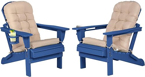 Adirondack - Silla Adirondack con cojín y soporte para tazas, silla plegable Adirondack de HDPE con grano similar a la madera, sillas para