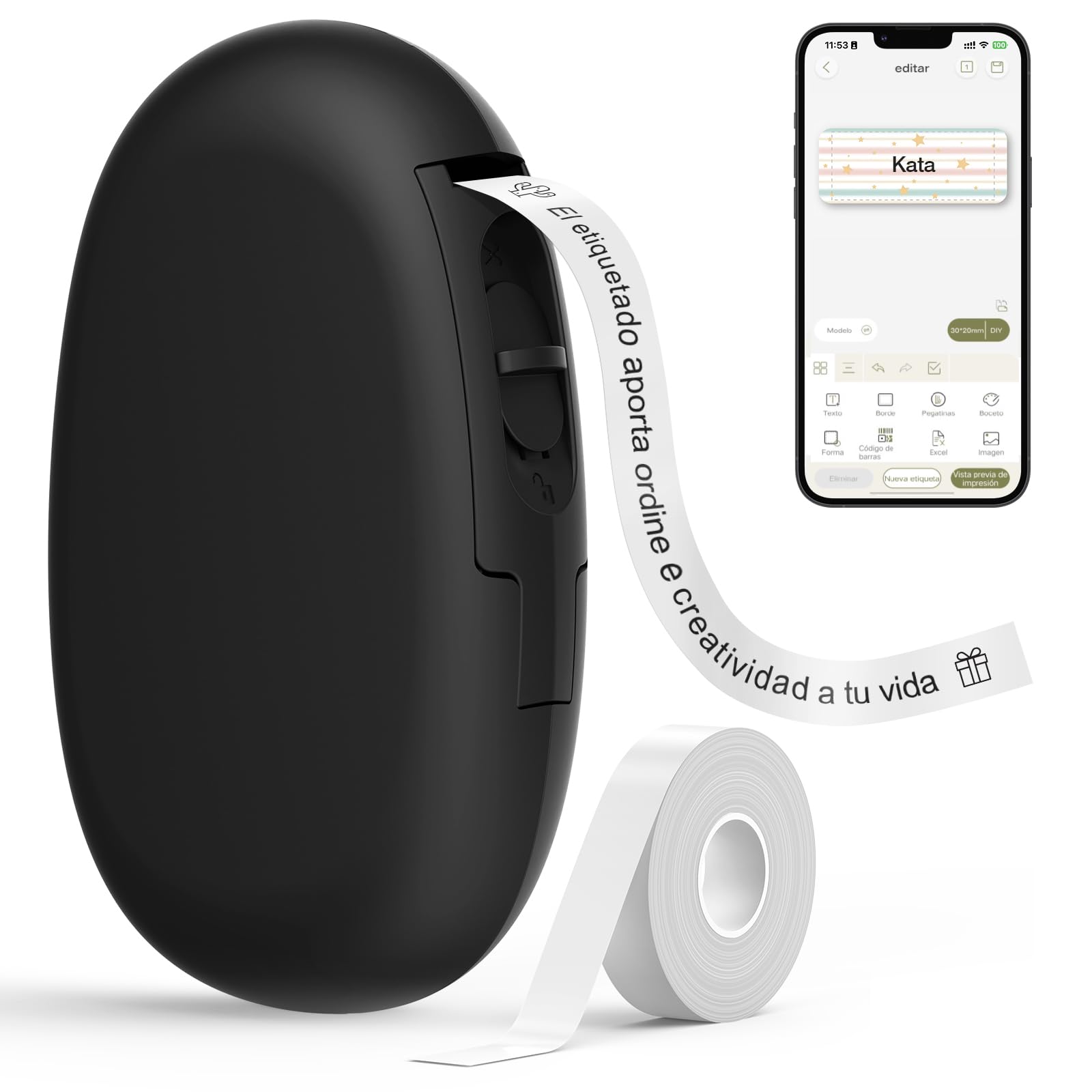 SUPVAN E10 Etiquetadora Bluetooth con Etiquetas 6m Continua Impermeable, App Versátil con 30+ Fuentes 600+ Íconos, para el Hogar, la Cocina, la Escuela y la Oficina, Negro