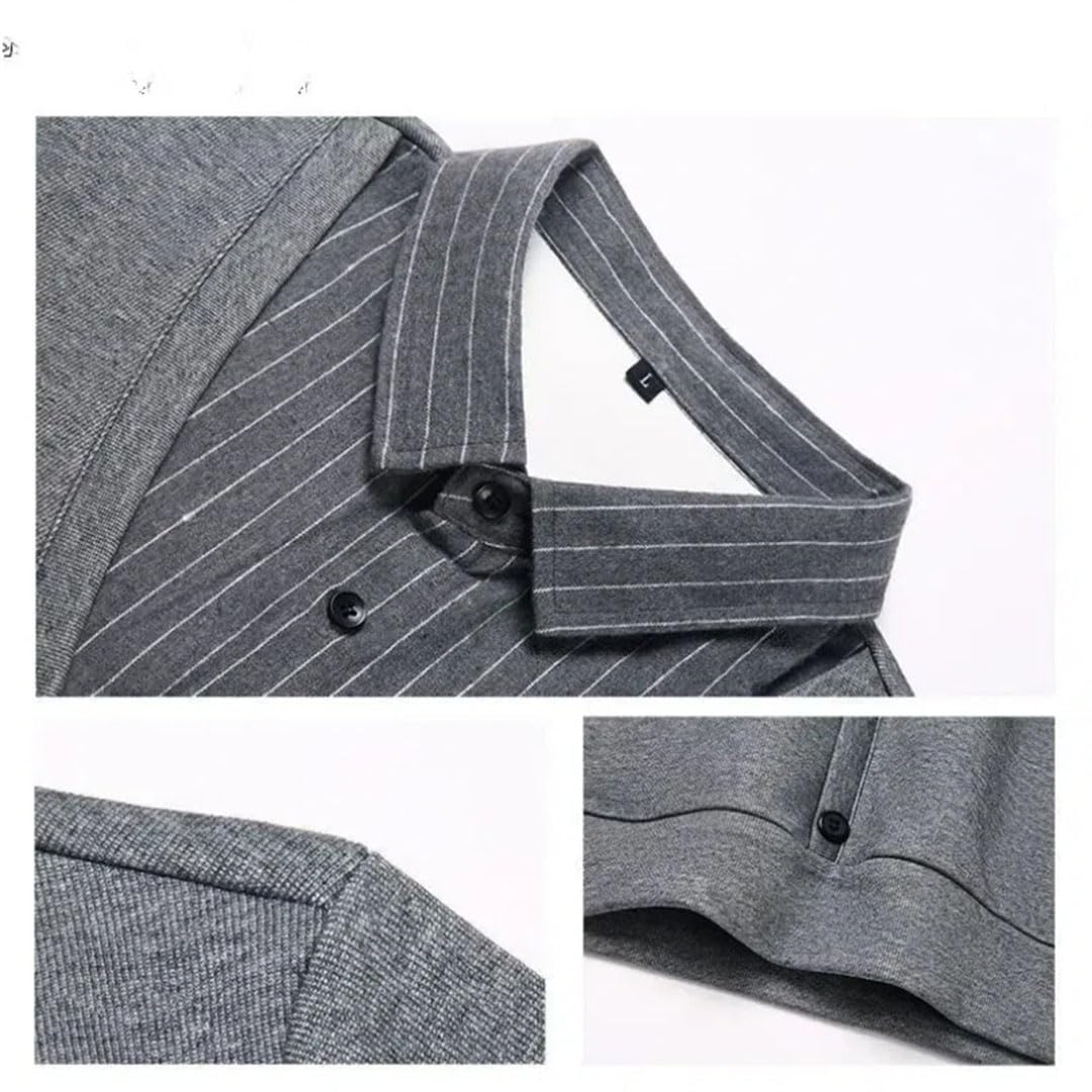 Camiseta formal de manga larga con botones y cuello vuelto para hombre, diseño de retazos a rayas, color contrastante, para negocios