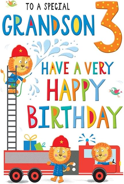Juvenile Birthday Card Age 3 Grandson - 9 x 6 inches - Regal Publishing,black|red|white|green|blue