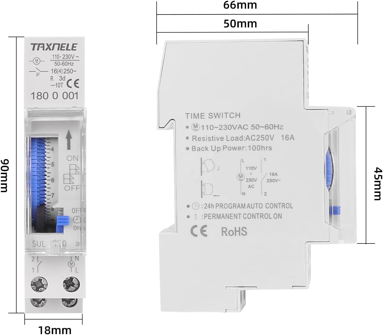 Dimensions of the TAXNELE SUL180a timer switch, showing height and width measurements.