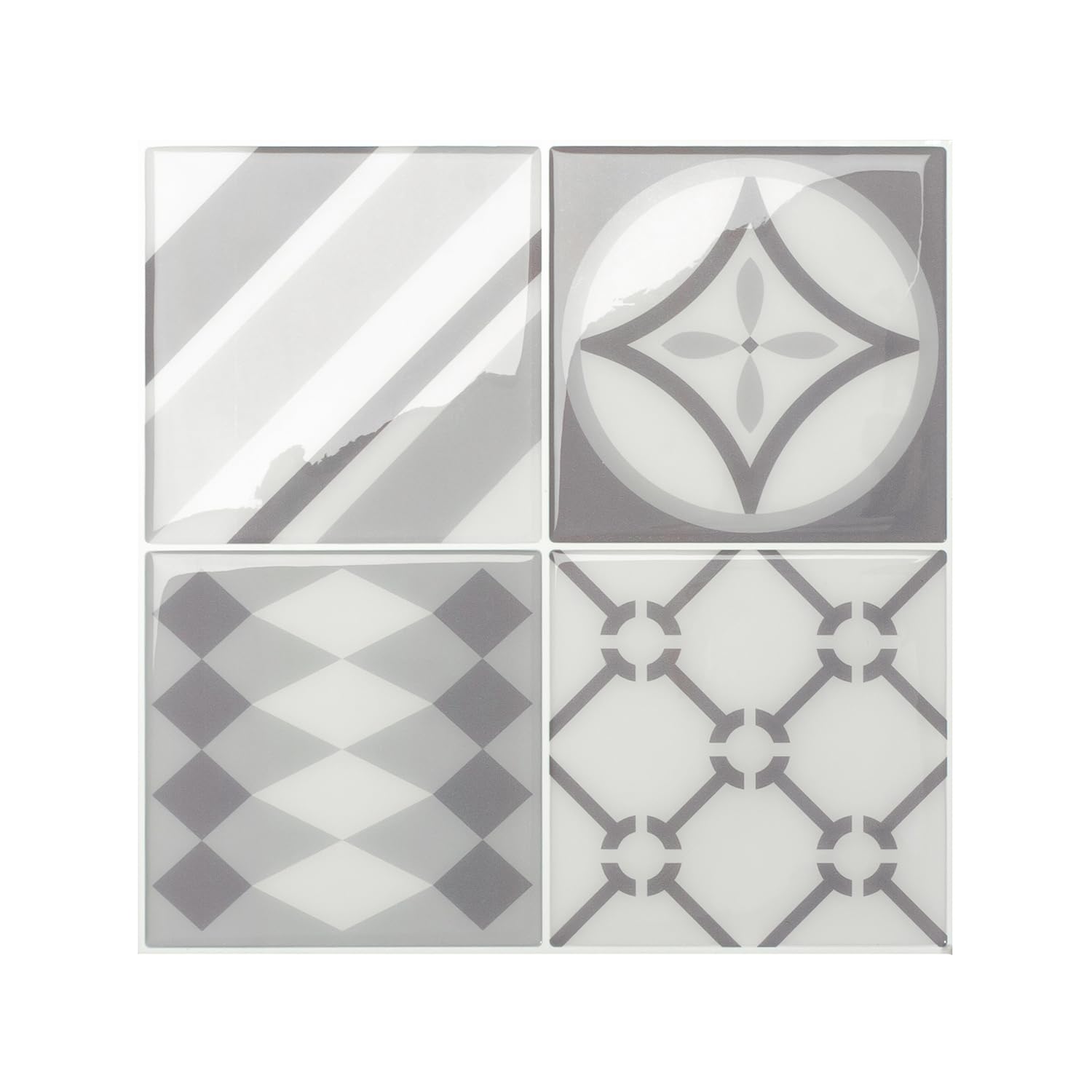 Smart Tiles Azulejos Adhesivos, Cuadrado Plata y Blanco, 22,86x22,86 cm | Pack de 5 (0,26 m²), Brillante, Resistente a calor/humedad, Bajo en COV, Cocina/Baño, Ideal para alquiler, Hecho en Canadá