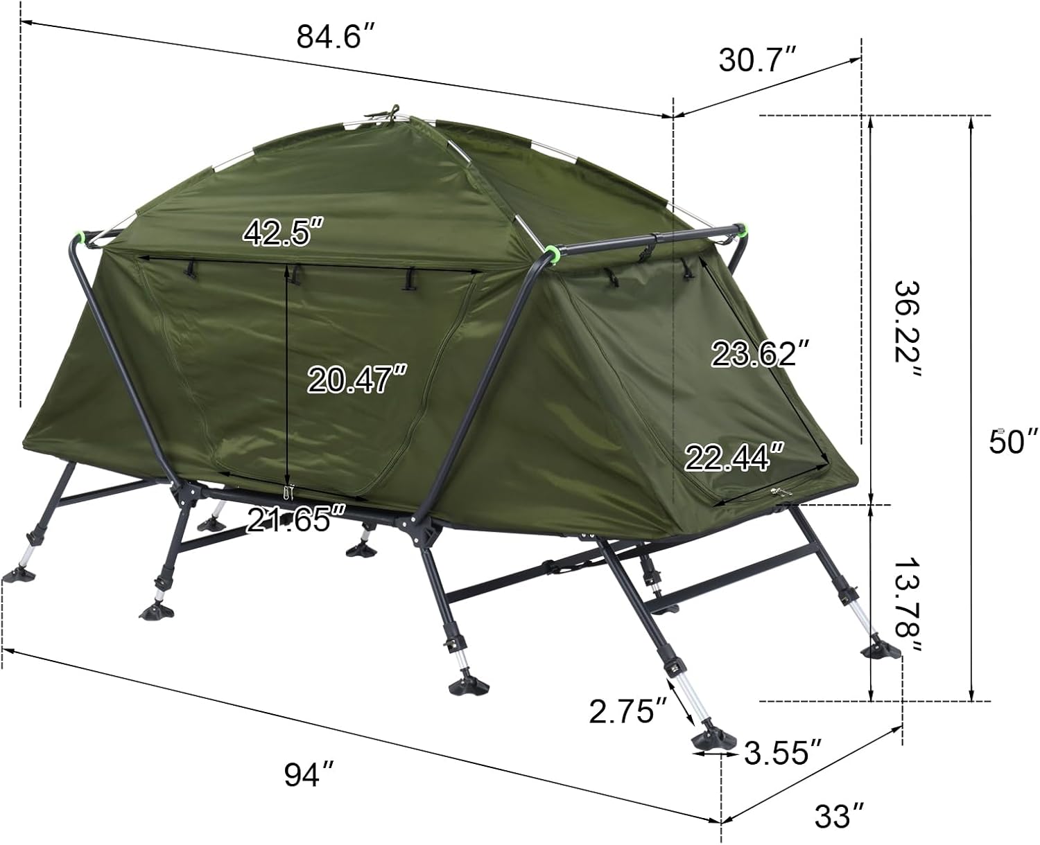 Generic Spacious 84.6 * 34.5 * 49.2in Collapsible Camping Tent with Integrated Cot - Portable, Waterproof, and Durable - Ideal for Camping & Hiking - Army Green