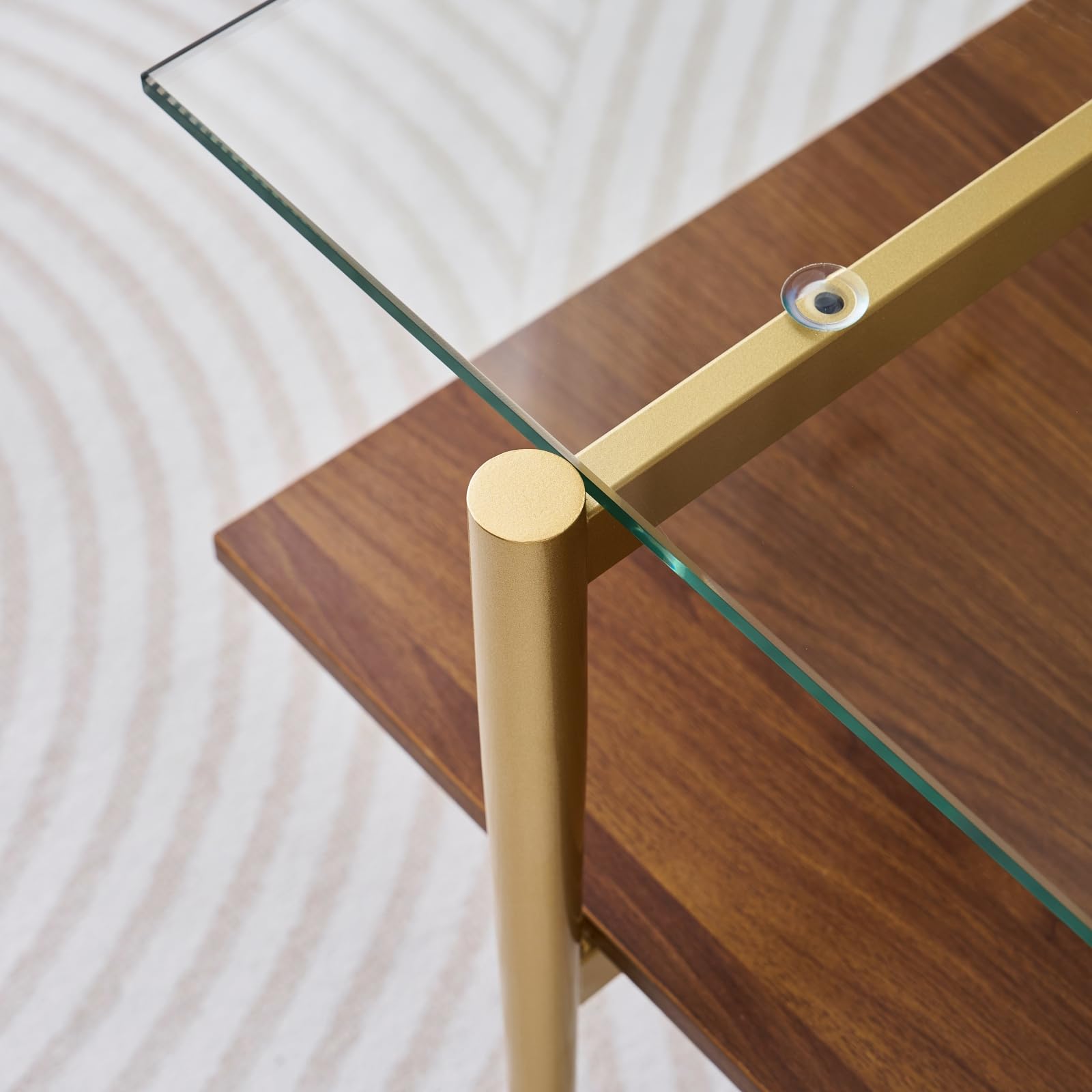Mesa auxiliar rectangular, diseño moderno de mediados de siglo, 21 pulgadas de largo x 17 pulgadas de alto, para sala de estar, estructura de 2 niveles, parte superior de vidrio transparente y 6